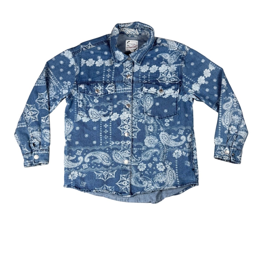 Stoosh Vintage Denim Paisley Bandana Print Button Down Shacket Blue Womens S
